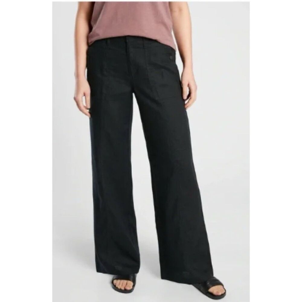 Athleta 100% Linen Pants Size 20 Black Wide Leg Cabo Retreat Pull On Pockets